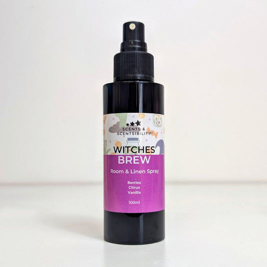 Room and linen spray bottle labeled 'Witches Brew' on a white background
