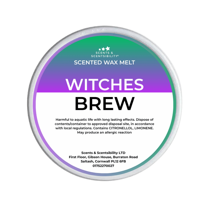Scented wax melt container labeled 'Witches Brew' on a green background
