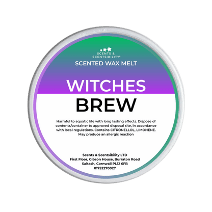 Scented wax melt container labeled 'Witches Brew' on a green background