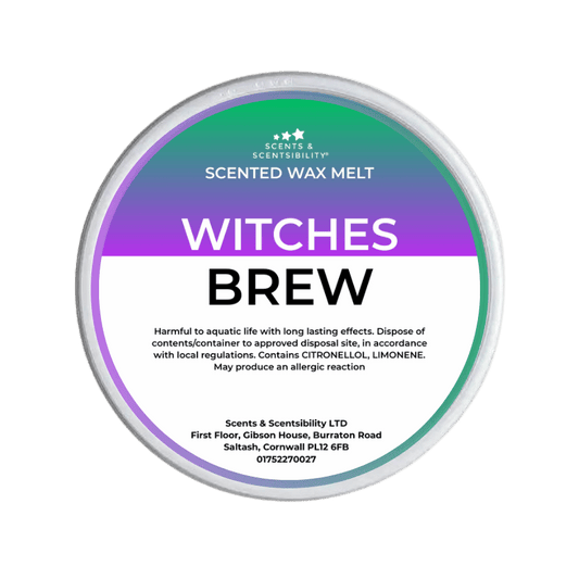 Scented wax melt container labeled 'Witches Brew' on a green background