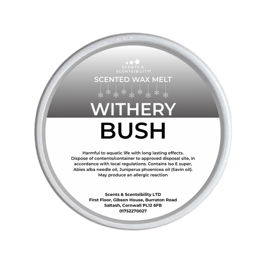 Scented wax melt container labeled 'Withery Bush' on a green background