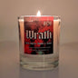 Candle with a red label titled 'Wrath' on a neutral background