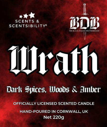 Candle packaging with 'Scents & Scentsibility' and 'Black Dagger Brotherhood' branding on a red and black background.