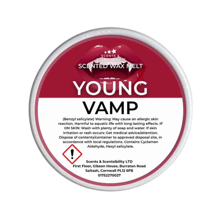 Scented wax melt container labeled 'Young Vamp' on a green background