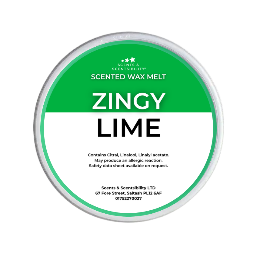 A round tin of Scents & Scentsibility Scented Wax Melt in the 'Zingy Lime' scent, featuring a green and white label with product details.
