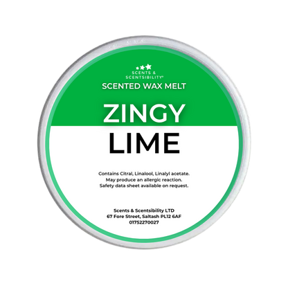 A round tin of Scents & Scentsibility Scented Wax Melt in the 'Zingy Lime' scent, featuring a green and white label with product details.