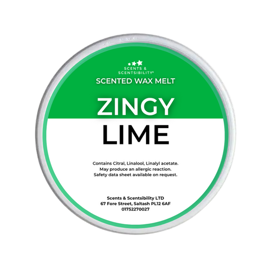 A round tin of Scents & Scentsibility Scented Wax Melt in the 'Zingy Lime' scent, featuring a green and white label with product details.