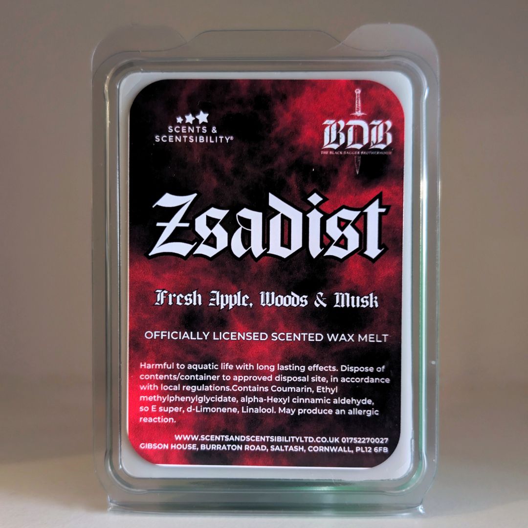 Scented wax melt packaging with 'Zsadist' branding on a red and black label.